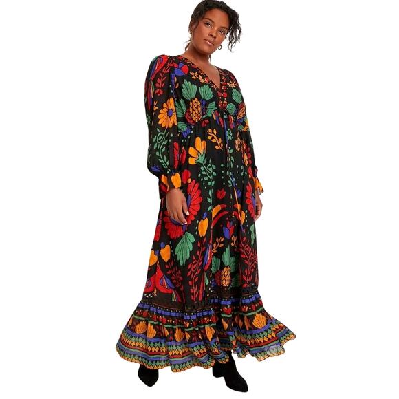 Farm Rio Georgette maxi floral long sleeved v neck dress size Petite Small - Picture 1 of 15